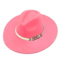 Detailed top view of hot pink wide-brim fedora hat with white braided rope and gold chain link - Deep Pink