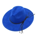 Close-up of royal blue fedora hat with wide brim and black braided band decoration - Sapphire Blue