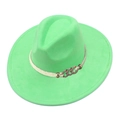 Detail view of bright green wide brim jazz hat with white woven rope and gold metal chain - Green