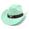 Detail of mint green suede cowboy hat with faux leather band and silver bull head logo - One Size / Light Green (6#)