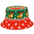 Festive Christmas bucket hat with reindeer and snowflake prints in red and green colors - Red Green Colorblock Reindeer Star Print (9#)