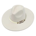 Detail of suede fedora with wide brim and woven band featuring gold chain link accent - Beige