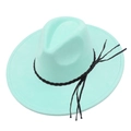 Detail of mint green fedora hat featuring black braided band and fringe accents - Sky Blue