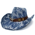 Cappello da cowboy in denim blu scuro con paillettes argentate e fascia in pelle con testa di toro - Blu scuro