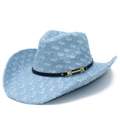 Cappello da cowboy in denim distressed con paillettes, tesa larga e fibbia in metallo - Azzurro