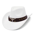 Classic white faux suede cowboy hat with brown leather band and silver bull head detail - One Size / White (1#)
