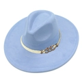 Close-up of light blue suede fedora hat with braided gold rope and vintage metal chain link - Light Blue