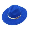 Detail of royal blue fedora hat with cream braided rope and gold metal chain links - Sapphire Blue