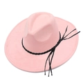 Detail of pink faux suede fedora hat with black braided band and long hanging tassels - Light Pink