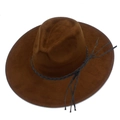Close-up of a brown suede fedora featuring a black braided leather band and long tassels - Coffee