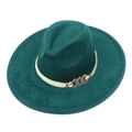 Deep green wide brim suede fedora with beige woven band and gold chain accent - Dark Green