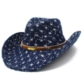 Distressed denim jazz hat with leaf ornament and sequins for a vintage bohemian style - Dark Blue