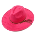 Detailansicht eines rosaroten Fedora-Hutes mit braunem Flechtband und Quasten-Akzent - Einheitsgröße / Fuchsia