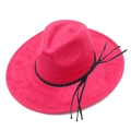 Detail of rose red suede fedora showing the black woven band and long fringe tassels - Rose Red