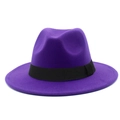 Detail of elegant purple wool fedora hat featuring a wide black satin ribbon band - One Size / Purple