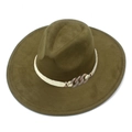 Detail of army green suede fedora featuring wide brim and woven band with metal buckle - Army Green