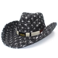 Cappello da cowboy in denim antracite con paillettes, fascia intrecciata e piuma dorata - Nero