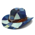 Klassischer Cowboyhut im Denim-Patchwork-Design mit Lederband und silbernem Bullenkopf - Gerade Oberseite-Stil A