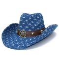 Cappello da cowboy in denim blu con paillettes e fascia in pelle con fibbia - Blu