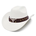White faux suede jazz fedora with brown leather band and silver bull head ornament - One Size / White (1#)