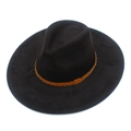 Detail shot of black wide-brim suede jazz fedora with brown braided leather band - Black