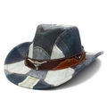 Klassischer Western-Cowboyhut mit blauem geometrischem Muster und silbernem Bullenkopf - Herzoberseite-Stil C