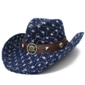 Cappello da cowboy in denim blu con paillettes, cinturino in pelle e fibbia metallica a 45 gradi - Blu scuro