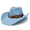 Distressed blue denim cowboy hat with silver sequins and a metallic bull head emblem - Light Blue