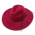 Detailed close-up of dark red suede fedora hat with black woven leather band and tassels - Burgundy