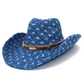 Blue distressed denim cowboy hat with sequins, brown leather band and feather detail - Blue