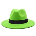 Close-up of lime green felt fedora hat featuring a simple black grosgrain ribbon band - One Size / Fluorescent Green
