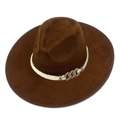 Detail of dark brown fedora hat featuring white braided rope and golden chain trim - Coffee