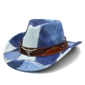 Klassischer Western-Cowboyhut aus blauem Denim mit Lederband und silbernem Stierkopf - Herzoberseite-Stil B