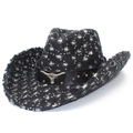 Black distressed denim cowboy hat with silver sequins and metallic bull head detail - One Size / Black