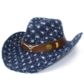 Distressed blue denim cowboy hat with sequins, brown leather band and metal bull head - Dark Blue