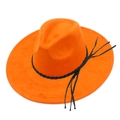 Detail view of orange suede fedora hat with wide brim and black braided tassel band - Orange