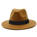 Detailed close-up of khaki fedora hat crown with black band and smooth wool texture - One Size / Brown