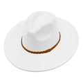 Detailed close-up of white suede jazz hat featuring a brown braided leather hatband - White