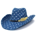 Distressed blue denim cowboy hat with silver sequins and golden feather accessory - Blue