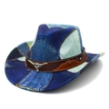 Detail eines Western-Cowboyhuts mit blauem Patchwork-Denim und silbernem Stierkopf-Dekor - Herzoberseite-Stil A