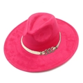 Detail of rose red suede fedora with braided rope and gold-silver metal chain accent - Rose Red