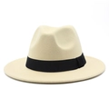Close-up of beige wool fedora hat with black grosgrain ribbon and classic crown - One Size / Beige