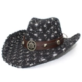 Cappello da cowboy in denim nero con paillettes, cinturino in pelle con borchie e stella - Nero