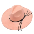 Detail of peach pink wide brim fedora hat with black braided leather rope and fringe tassel - Pink