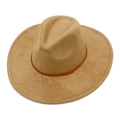 Detail of camel faux suede jazz hat featuring wide brim and brown leather braided band - Khaki