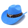 Sky blue faux suede jazz hat with brown leather belt and silver bull head decoration - One Size / Sky Blue (3#)