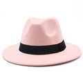 Detail of a pink wool fedora hat featuring a black ribbon band and textured felt finish - One Size / Pink
