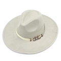 Detail of wide brim fedora hat with braided rope and antique bronze chain decoration - Gray