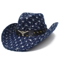 Distressed dark blue denim cowboy hat with silver sequins and metallic bull head detail - One Size / Dark Blue