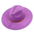 Detail view of purple suede fedora hat with brown braided leather band on white background - Purple